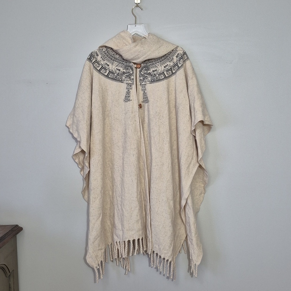 Vintage Cream Aztec Print Wool Fringe Poncho Cape One Size Festival Boho Western - Picture 5 of 10